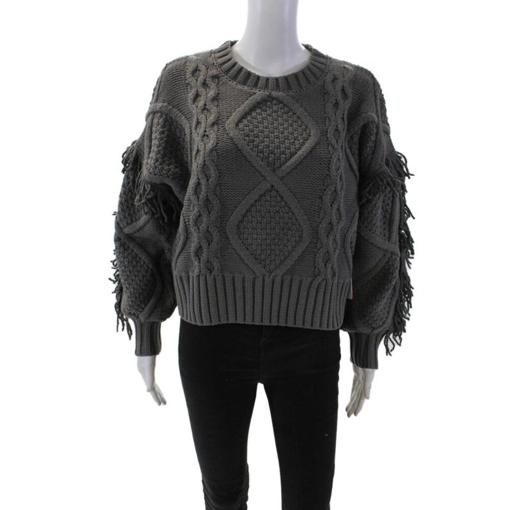 Line And Dot Womens Textured Long Sleeve Fringe Braided Knit Sweater Gray Size X